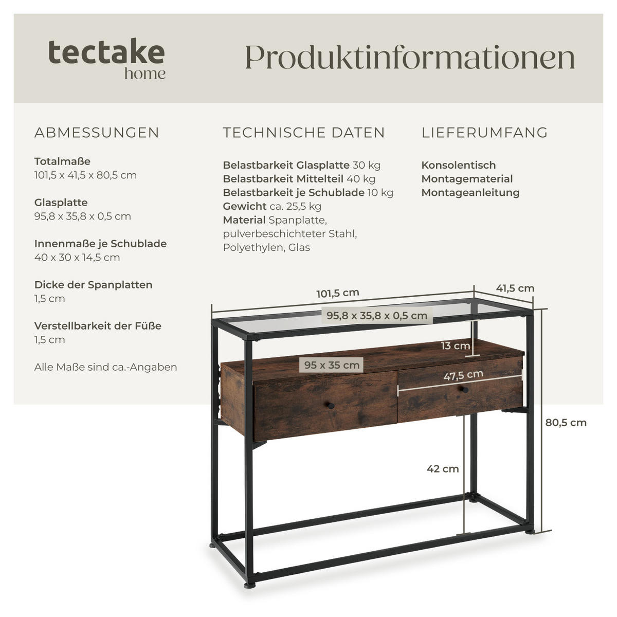 KONSOLENTISCH Reading,101,5 x 41,5 x 80,5 cm,Industrial Holz dunkel, rustikal - Rostfarben, Holzwerkstoff (101.5/41.5/80.5cm) - tectake