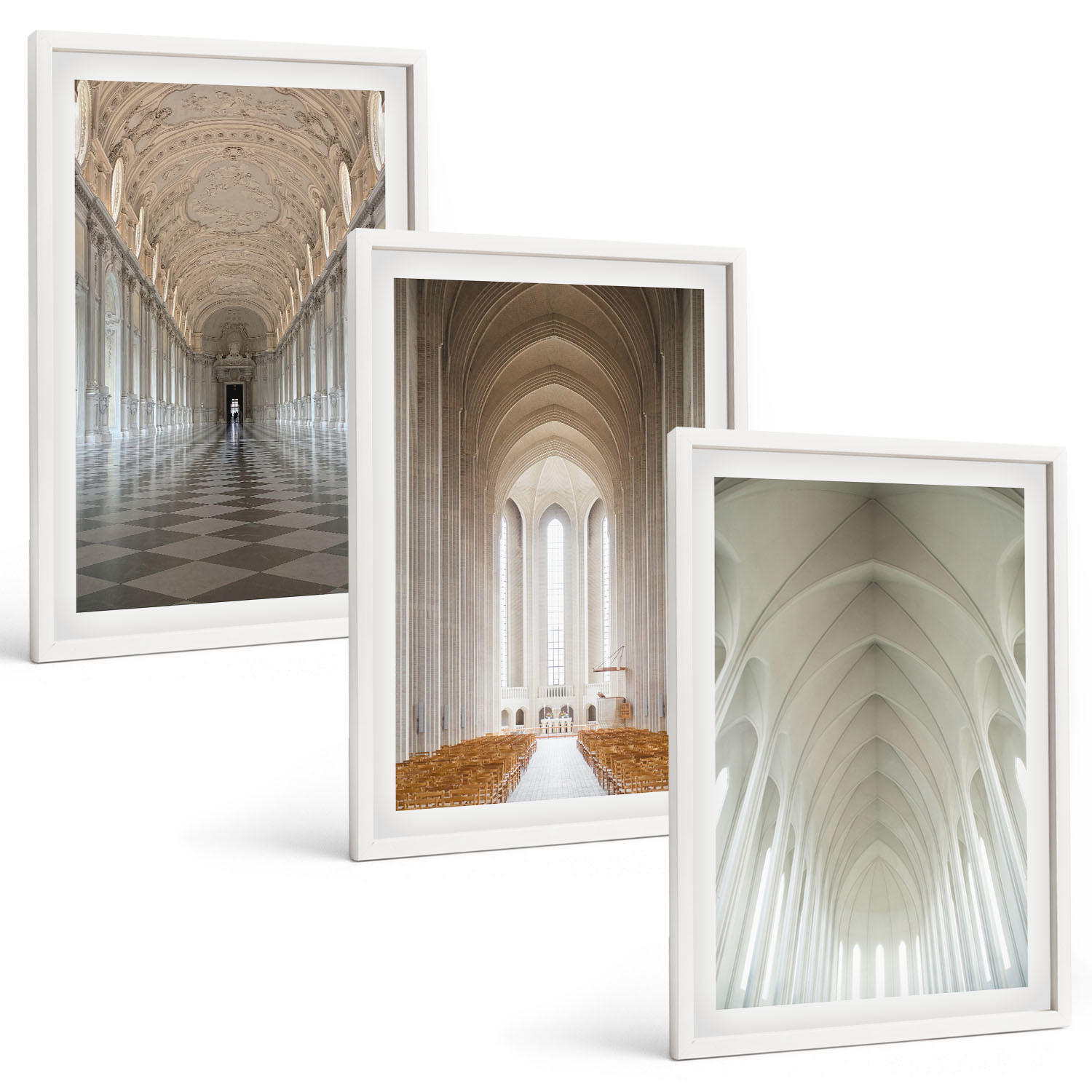 BILDER SET 3er Set - 40x60 cm Weißer Rahmen - Innenräume historischer Gebäude - Weiß, Kunststoff (40/60cm) - TULUP