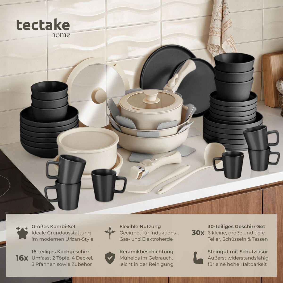 KÜCHENSTARTERSET 46er Set Una/Genua, inklusive Küchenwerkzeugen, Topfschonern und anklemmbaren Griffen, schwarz/weiß - Schwarz/Weiß, Keramik - tectake