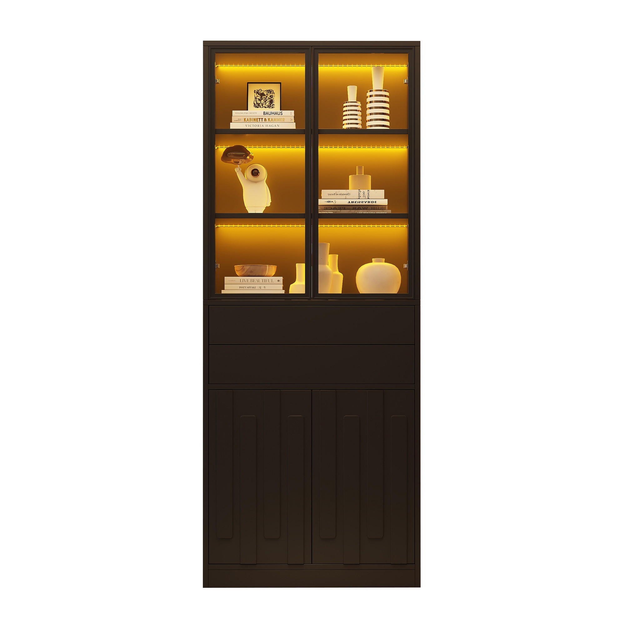 VITRINE 70x34x180 cm Schwarz mit LED und 2 Schubladen - Schwarz, Holzwerkstoff (70/180/34cm) - FLIEKS