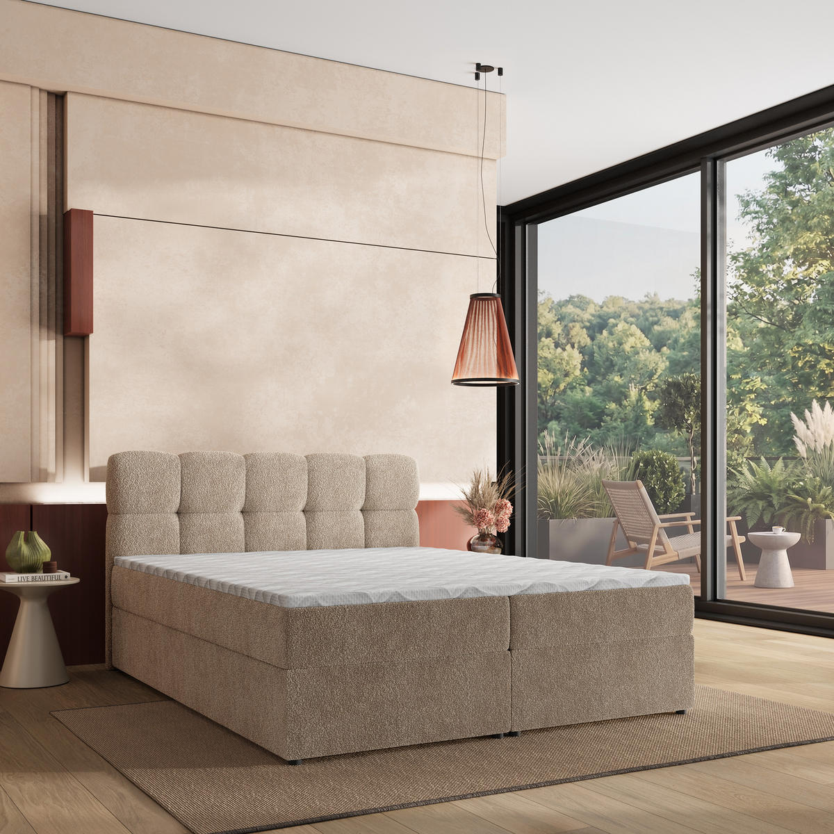 BOXBETT MERU 160x200 cm mit Matratze und Topper - Beige - Beige, Holz (160/200cm) - MASSENO