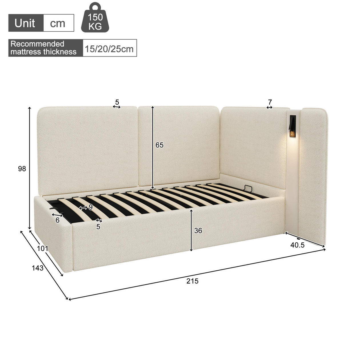 POLSTERBETT aus Schleife 90x200 cm in Beige mit Stauraum & USB/Typ-C - Beige, Textil (90/200cm) - Modfu