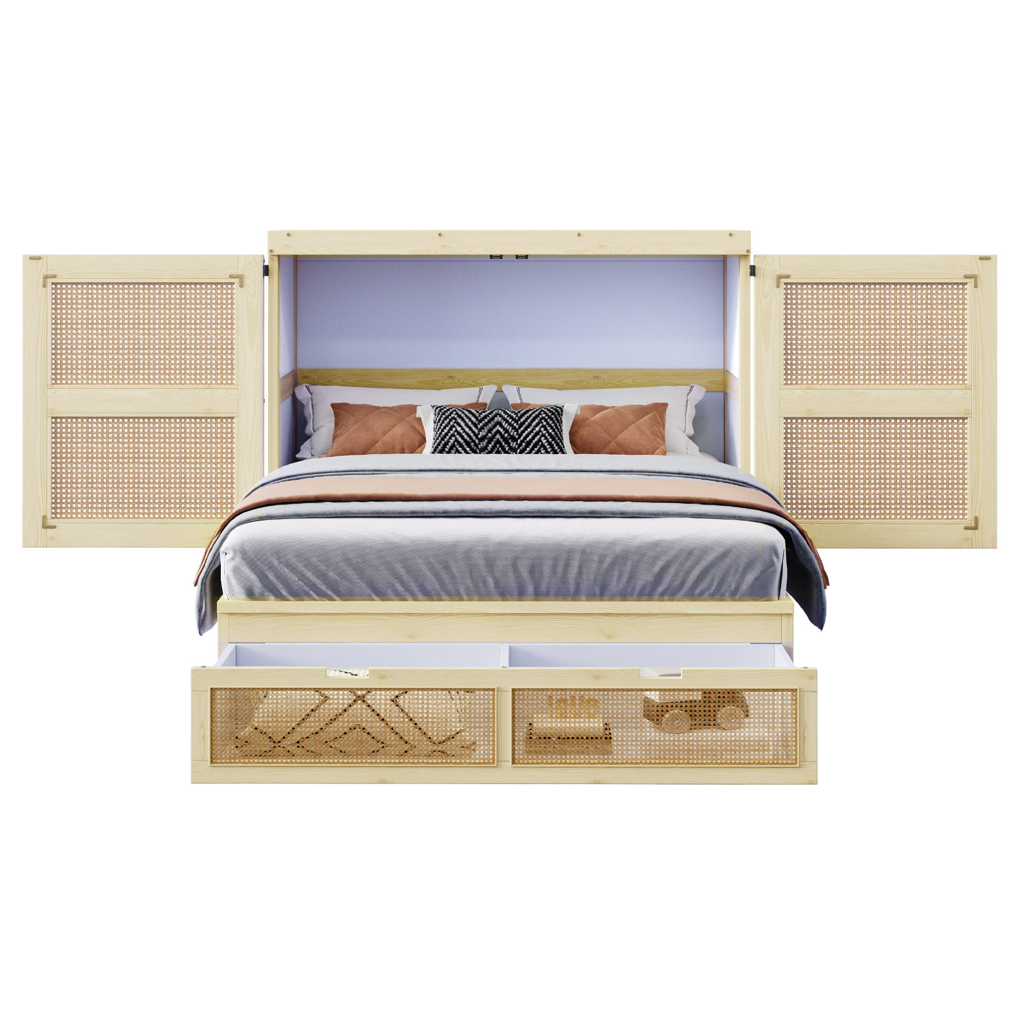 KLAPPBETT 140/200 cm in Holzfarbe mit Rattan-Design und Schubladen - Naturfarben, Holzwerkstoff (140/200cm) - Flora Grace