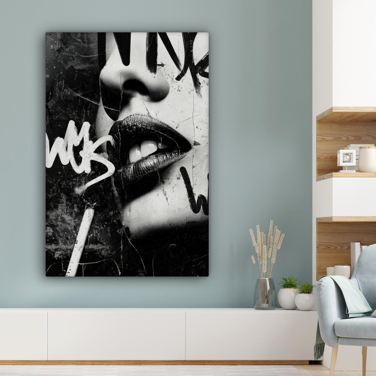 LEINWANDBILD Gesicht - Mund - Graffiti - Schwarz Deko XXL 80x120 cm - Schwarz, Textil (80/120cm) - MuchoWow