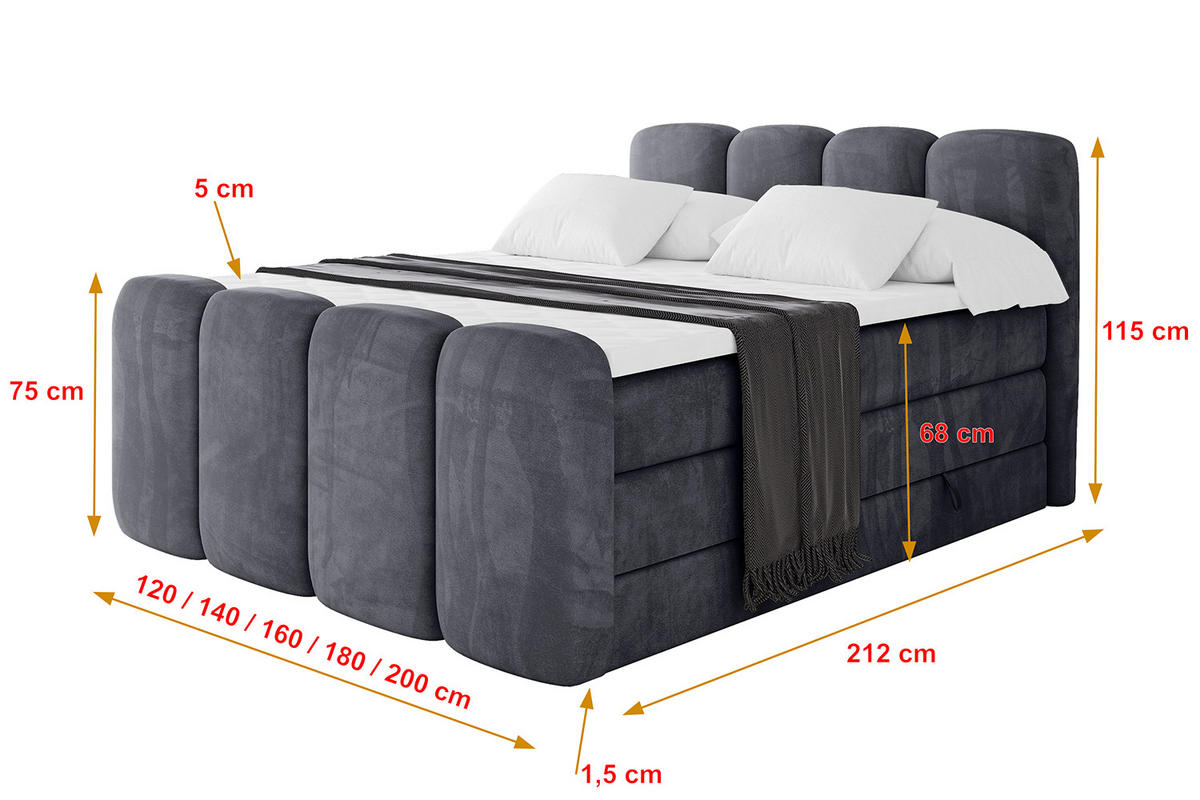 BOXBETT mit Matratze H3|H4 und Lattenrost - NINA-Z KING - 140x200 cm Casablanca - Dunkelgrau - Dunkelgrau, Holzwerkstoff (140/200cm)