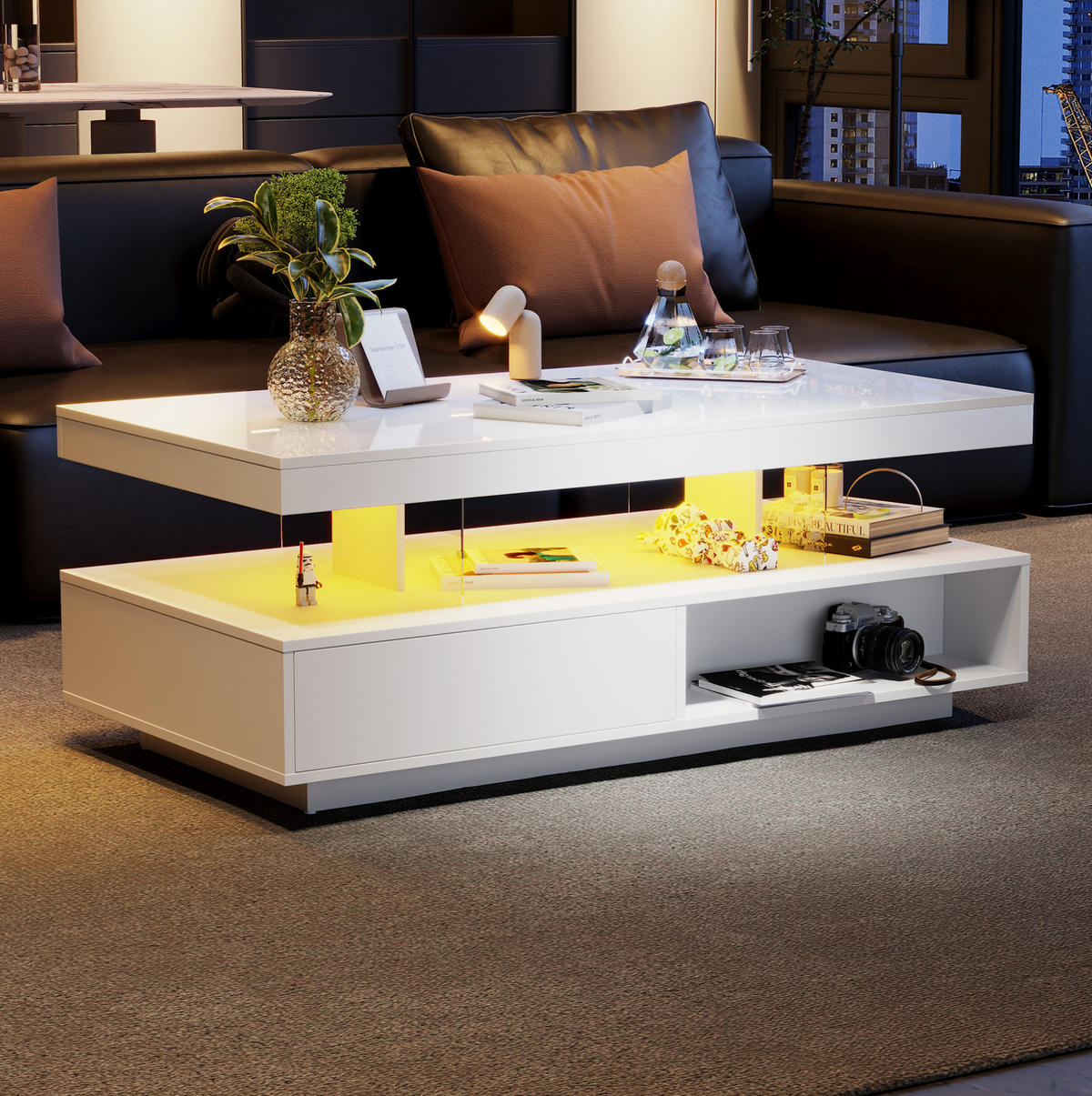 COUCHTISCH mit LED 95 x 50 x 42,5 cm Hochglanz Weiß - Weiß, Holzwerkstoff (95/50/42.5cm) - Meubliv