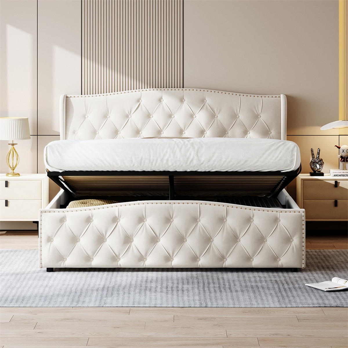 POLSTERBETT 140x200 cm mit hydraulischem Stauraum - Kopfteil und Fußteil im Wellendesign mit Nieten-Dekor - Cremeweiß - Creme, Textil (140/200cm) - DELFA