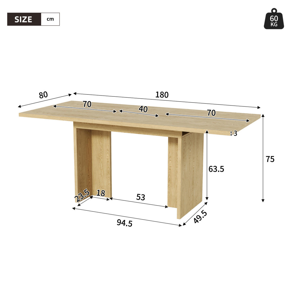 JEDÁLENSKÝ stôl, 140/180/80 cm dub, rozkladací pre 6–8 osôb - farba duba, kompozitné drevo (180/80/75cm) - BEAOK