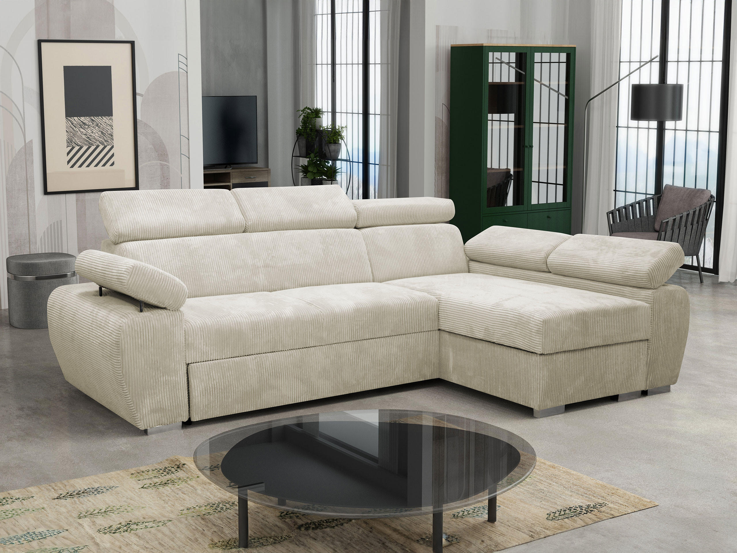ECKSOFA Boston Mini Premium Cord 2RLC Seite: Rechts 2R+LC - Chromfarben/Beige, Holz/Textil (255/170cm) - MIRJAN24