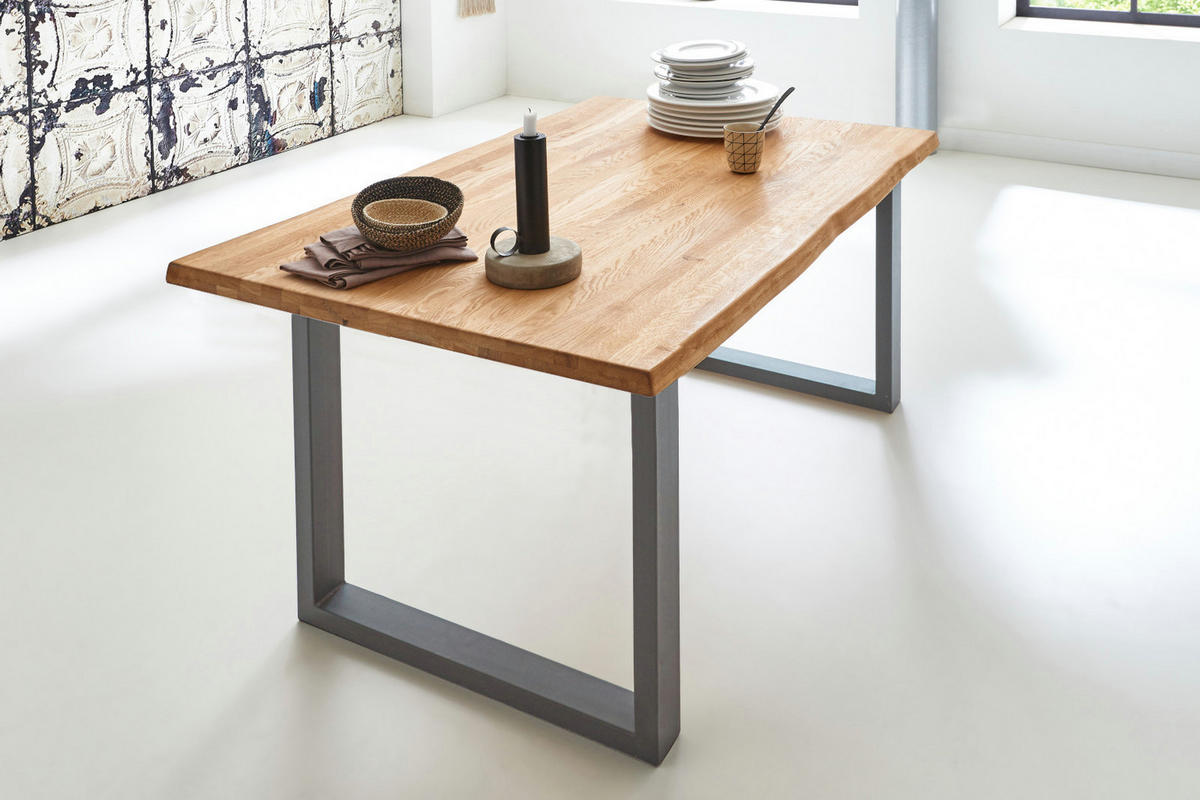 ESSTISCH Baumkante massiv Wildeiche silber SESSA 80 cm - Beige/Silberfarben, Holz/Metall (80/80/77cm) - SAM