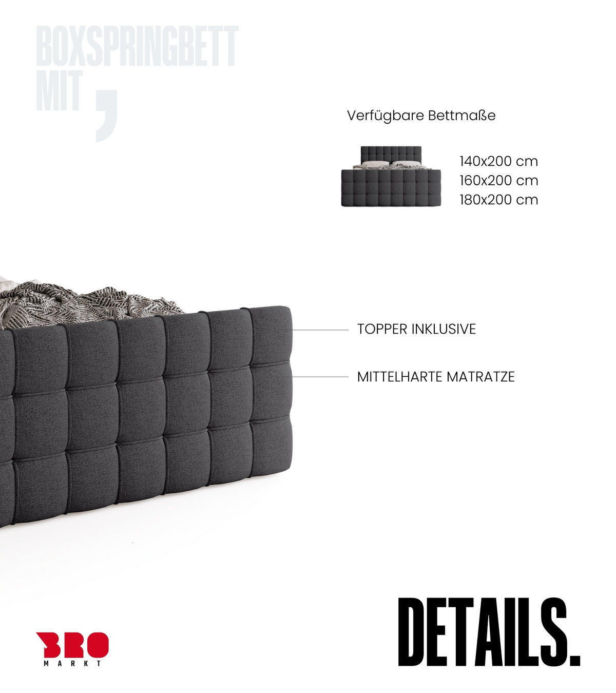 BOXBETT Detroit Duo mit Topper 180/200 Dunkelgrau - Dunkelgrau, Textil (180/200cm) - Bromarkt