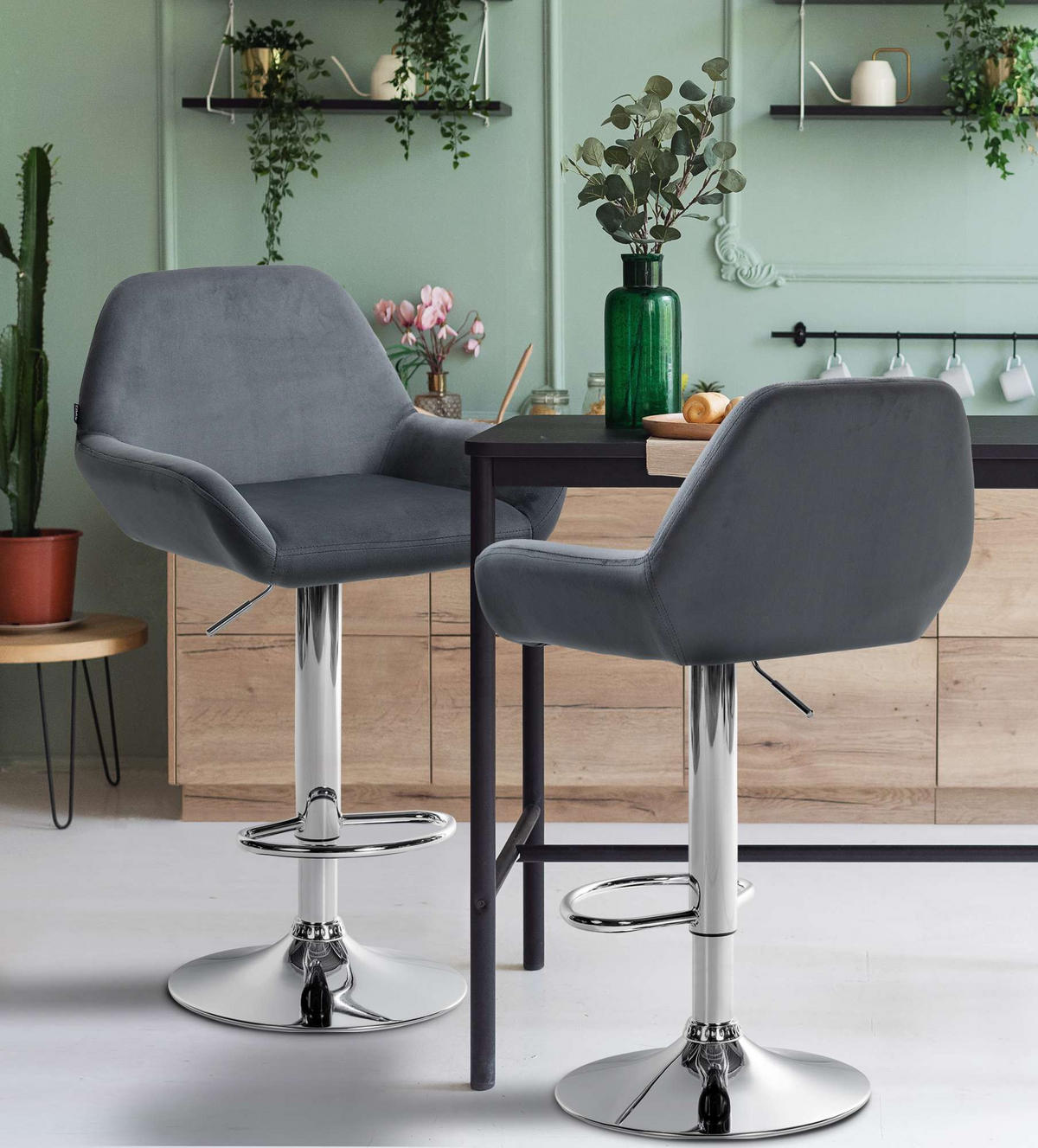 BARHOCKER 2er Set Samt Dunkelgrau - Chromfarben/Dunkelgrau, Textil/Metall (51/89/52cm) - CLP