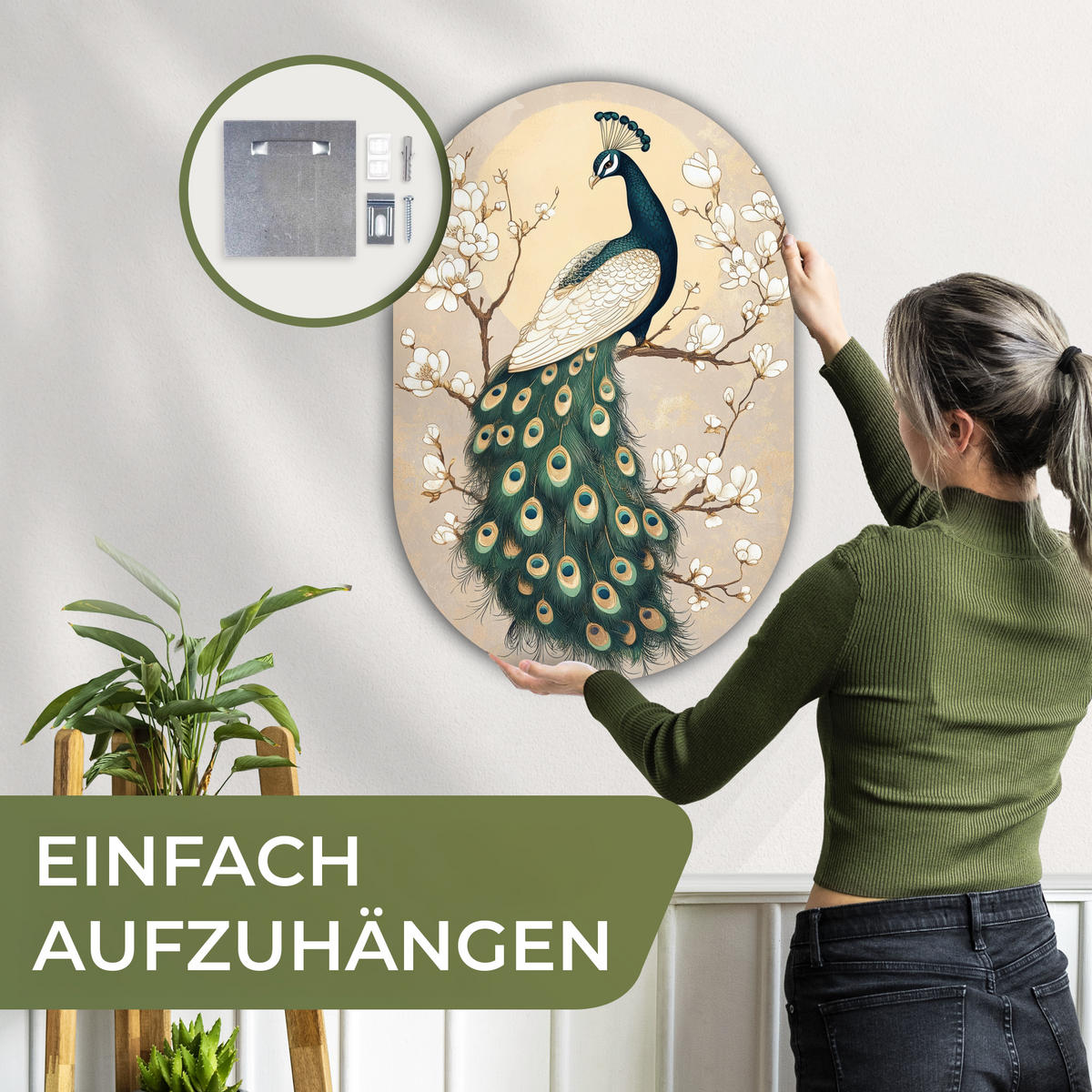 WANDBILD Pfau - Zweig - Blumen 60x90 cm - Champagner, Kunststoff (60/90cm) - MuchoWow