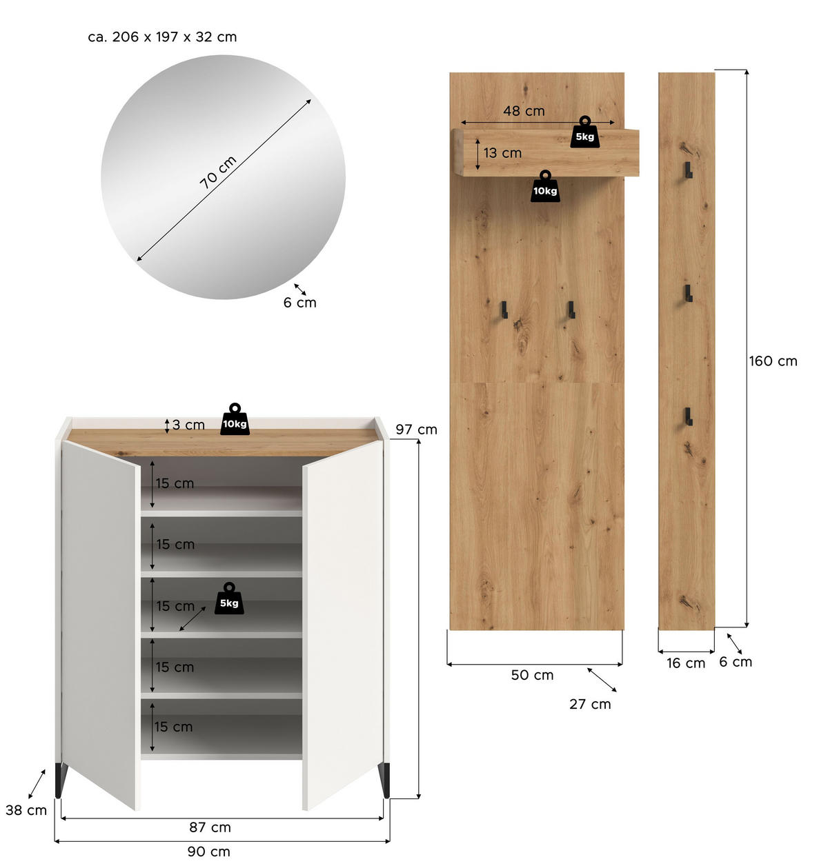 GARDEROBEN-SET DRIVE 4-tlg. (B/H/T: ca. 206/197/38 cm) in Weiß/weiß - Weiß, Holzwerkstoff (206/197/38cm)