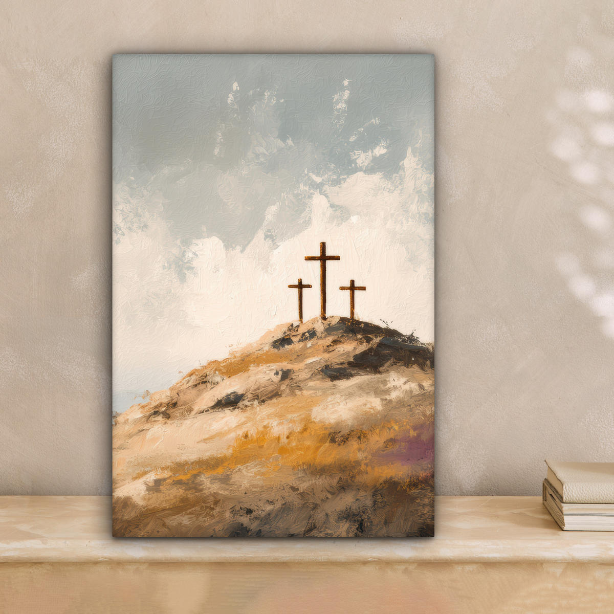 LEINWANDBILD Hügel - Abstrakt - Christentum - Kreuz Deko Wohnzimmer 20x30 cm - Hellgrau, Textil (20/30cm) - MuchoWow