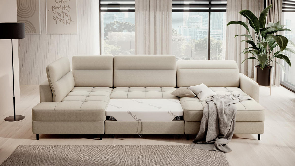 WOHNLANDSCHAFT mit Schlaffunktion und Bettkasten, verstellbare Kopflehnen - Beige/Schwarz, Textil/Metall (165/100/306cm) - Eltap