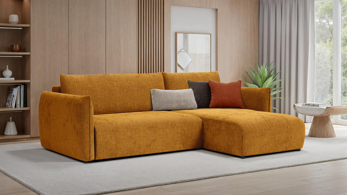 ECKSOFA TAUER 3-Sitzer links, safran - Gelb/Schwarz, Holz/Textil (248/173cm) - Courtois Laville