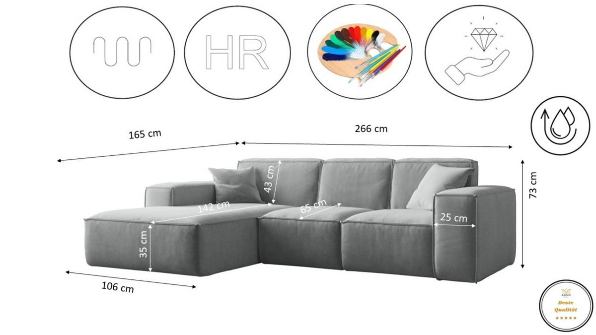 ECKSOFA L-Form Siena Stoff Salvador Grau Links - Grau, Holz (165/266cm) - Kaiser Möbel