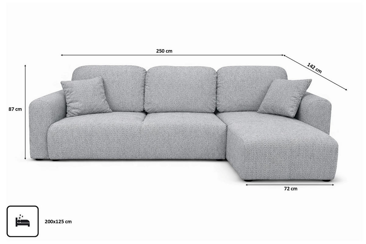 ECKSOFA Mit Schlaffunktion Und Bettkasten, Sofa L-Form Bingo L, Chenille-Stoff Artico, Cement, Rechts - Hellgrau, Holz (250/142cm) - Kaiser Möbel
