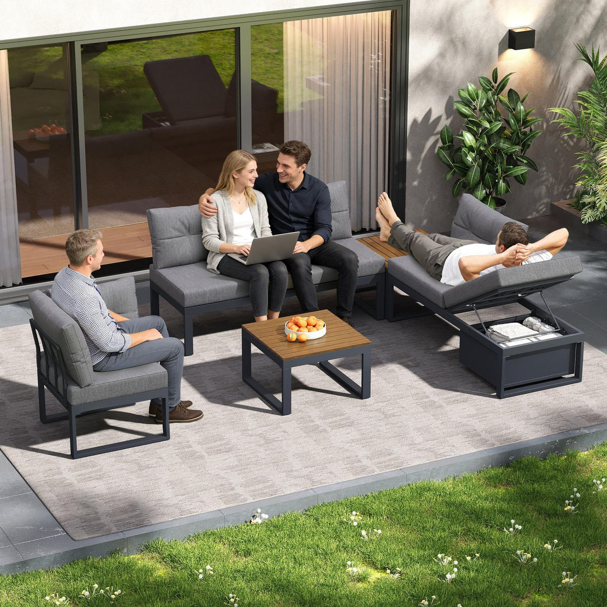 LOUNGEGARNITUR, Gartenlounge-Set, L-/U-Form Gartenmöbel Set, Grau - Grau, Metall - LVHOM