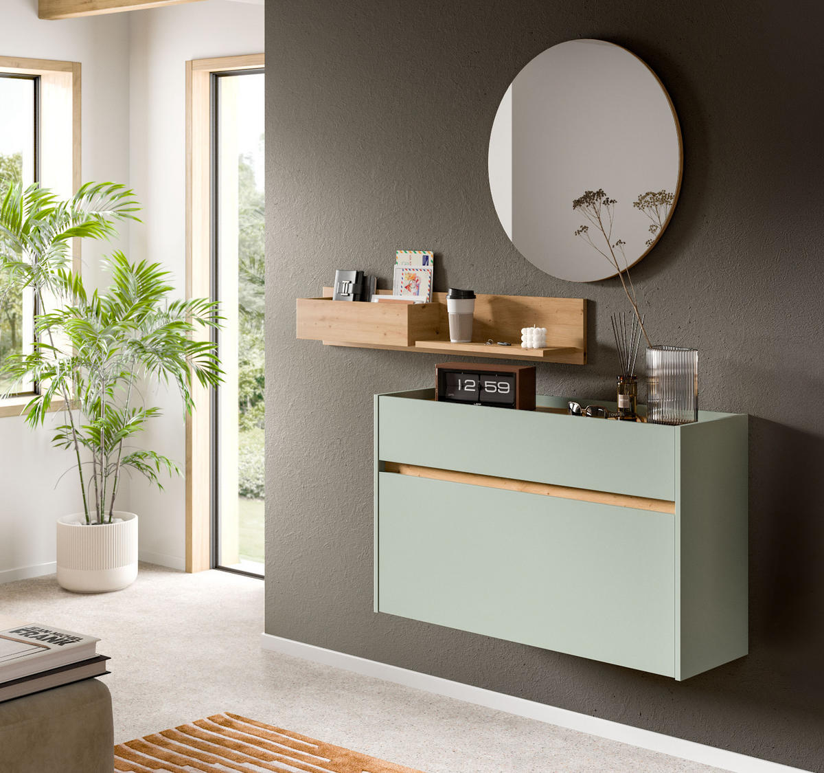 GARDEROBEN-SET Salbei grün, Artisan Eiche 140 cm 3-teilig, Garderobenschränke hängend - Salbeigrün/Eiche Artisan, Glas/Holzwerkstoff (140/197/32cm) - Inn.Furn