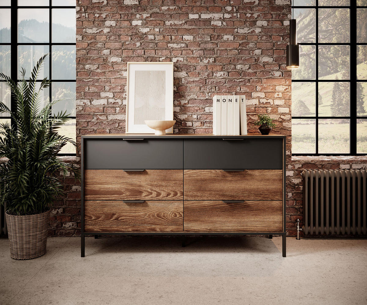KOMMODE MELTON B 137 cm Kastanie / Anthrazit - mit 6 Schubladen, Soft-Close und Metallfüßen - Kastanienfarben/Anthrazit, Holz/Holzwerkstoff (137/81/39cm) - Ravio