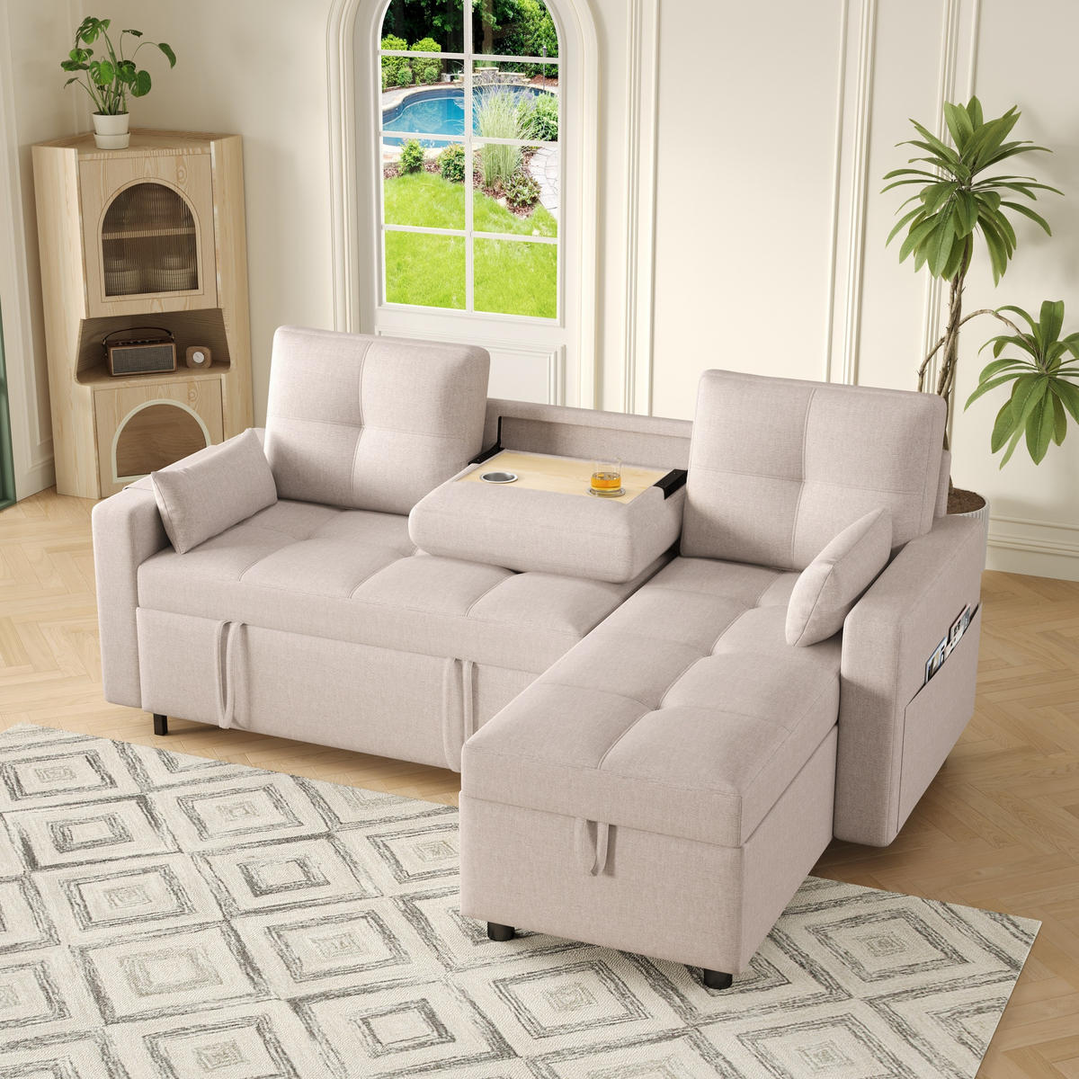 L-FÖRMIGES Schlafsofa aus Leinen mit Stauraum & Getränkehalter, 211/136/87 cm, Beige - Beige, Textil (136/87/211cm) - Redom