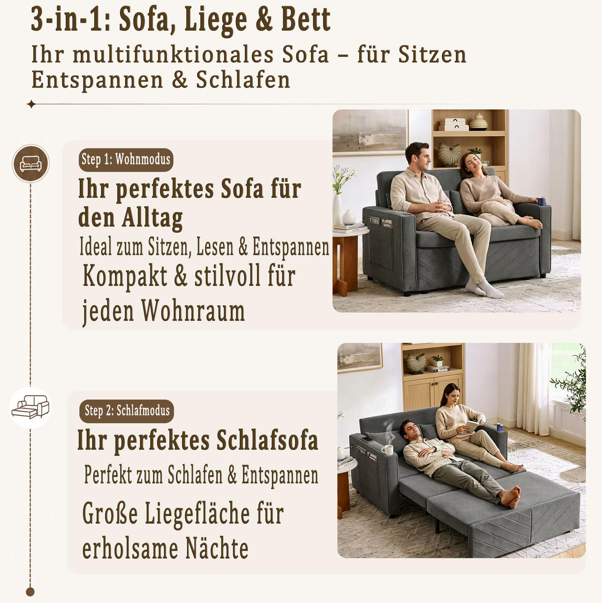 SCHLAFSOFA 2-Sitzer aus Holz und Stoff mit USB-Ladefunktion Dunkelgrau - Dunkelgrau, Holz (134/73/195cm) - Modenvie
