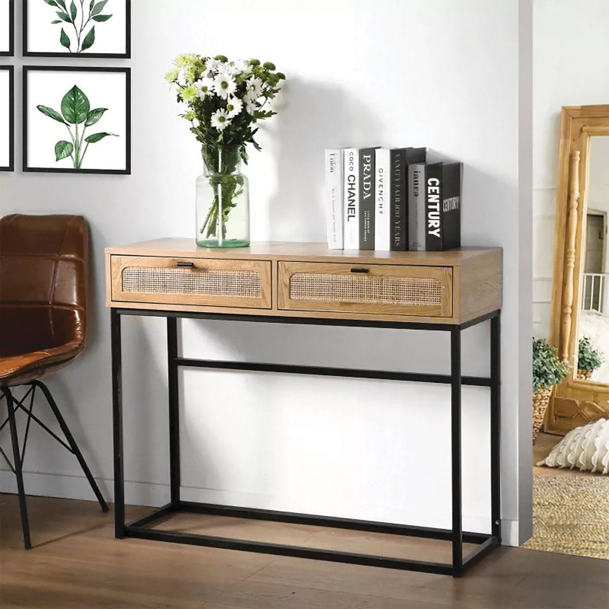 KONSOLE aus Rattan mit 2 Schubladen - L100cm - Apfelbaumfarben, Holzwerkstoff (100/35/80cm) - Calicosy