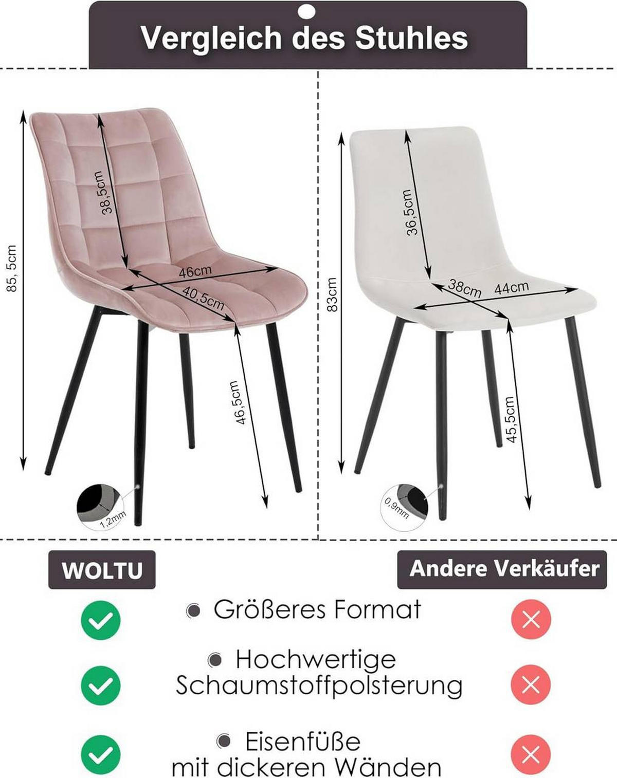 ESSZIMMERSTUHL 2er Set, Samt, Metallbeine, Rosa - Schwarz/Rosa, Textil/Metall (46/85.5/40.5cm) - Woltu