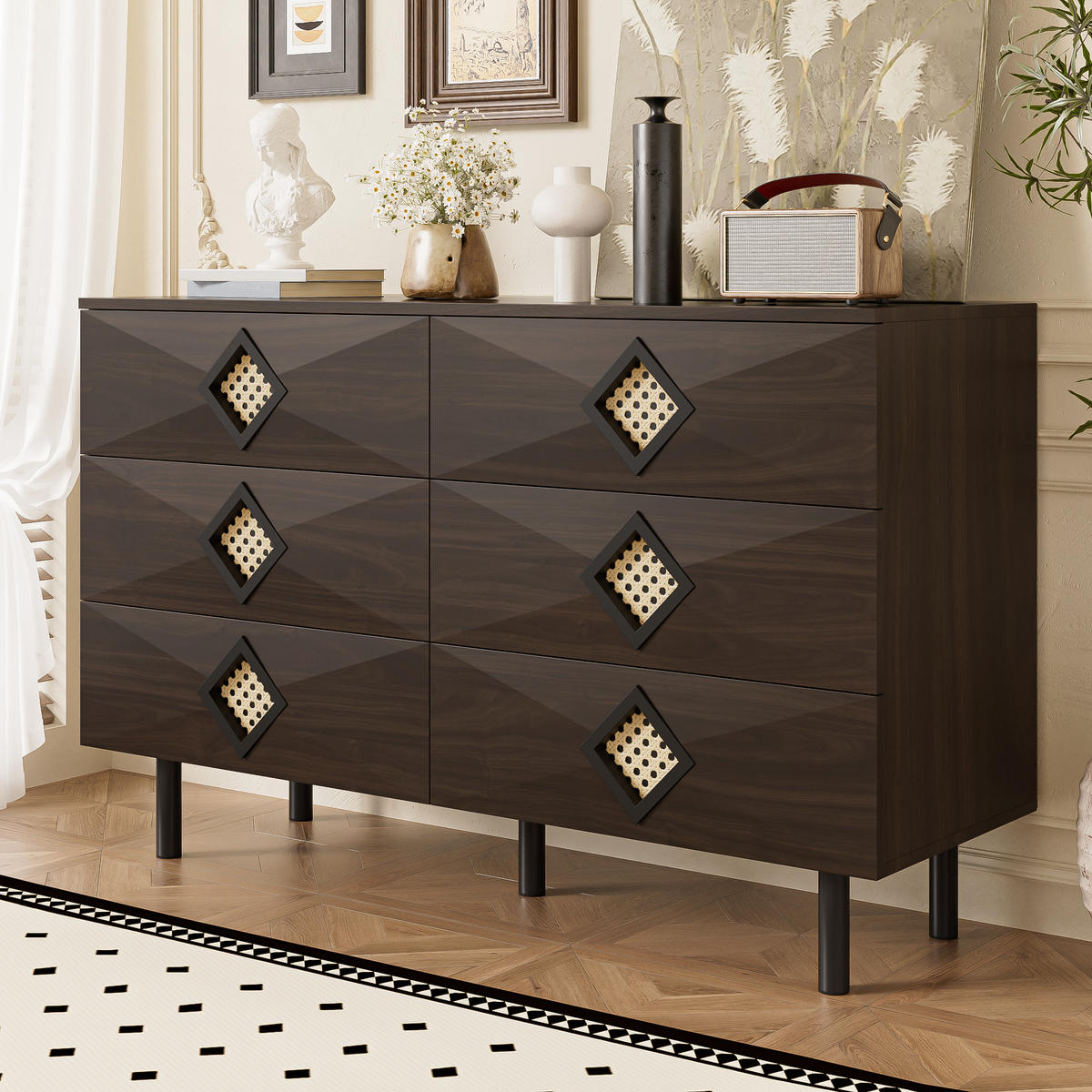 SIDEBOARD 6 Schubladen Rattan-Griff für Schlafzimmer & Wohnzimmer - Walnussfarben, Holzwerkstoff (40/74/120cm) - FLIEKS