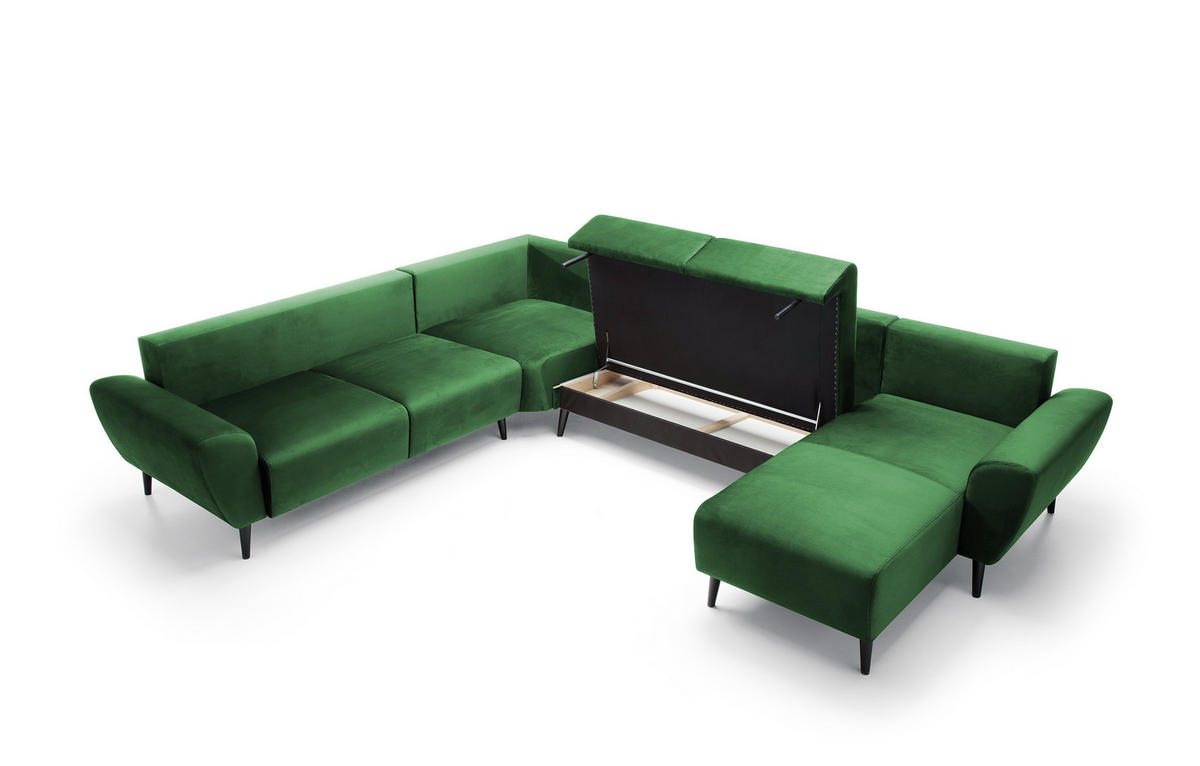 ECKSOFA BOSCO U-Form, Monolith-Stoff, freistehend, mit verstellbaren Kopfstützen, Sofa für Familien, Größe: 340x270x98cm, Farbe: Grün - Grün, Holz/Textil (340/270cm) - DomoHome