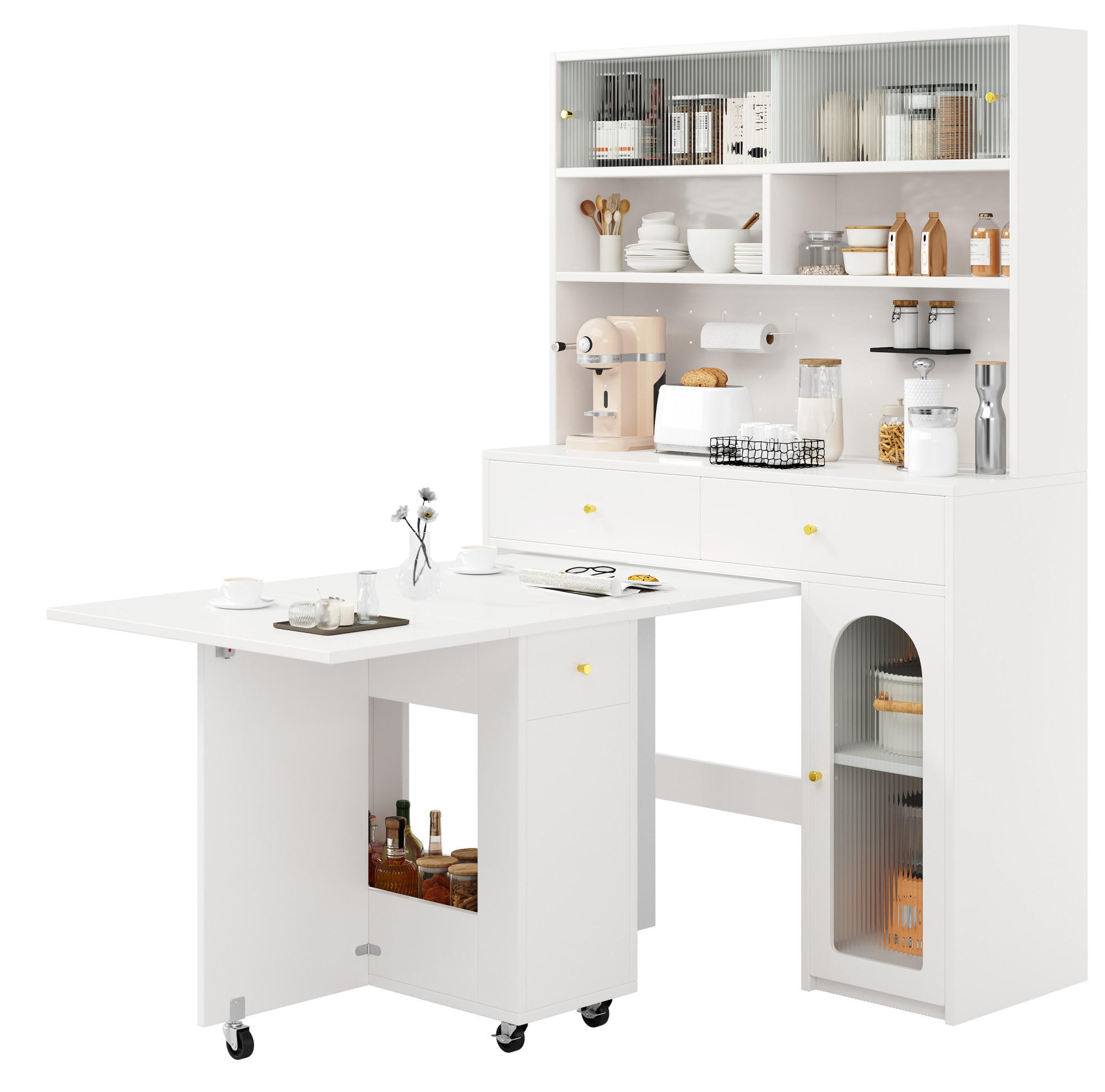 BUFFET 120/45/180 cm & 120/75/75 cm aus MDF mit klappbarem Esstisch Weiß - Weiß, Holzwerkstoff (120/180/45cm) - Modenvie