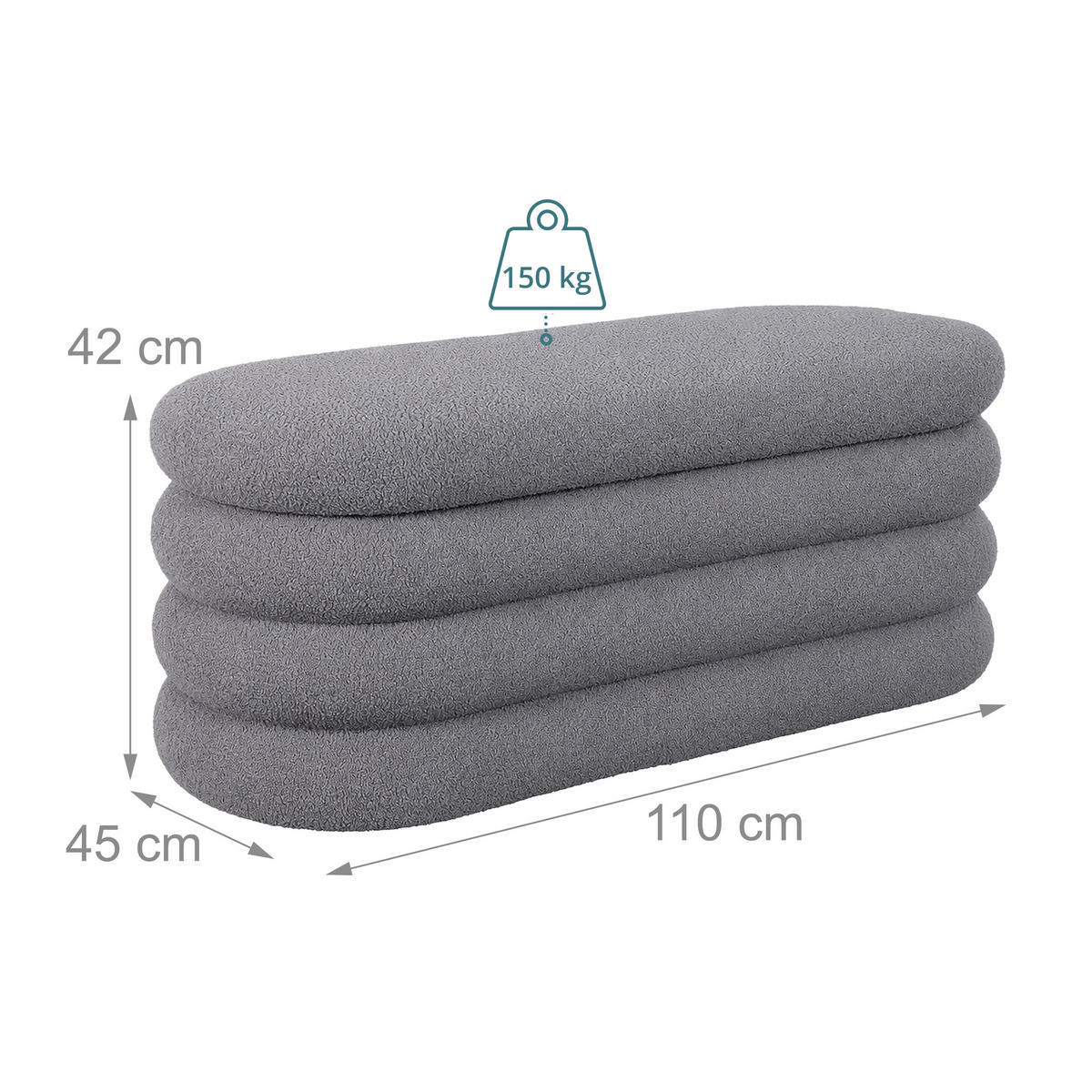 BANCĂ Gri țesătură teddy cu spațiu de depozitare - gri, compozit lemnos/material textil (110/42/45cm) - Relaxdays