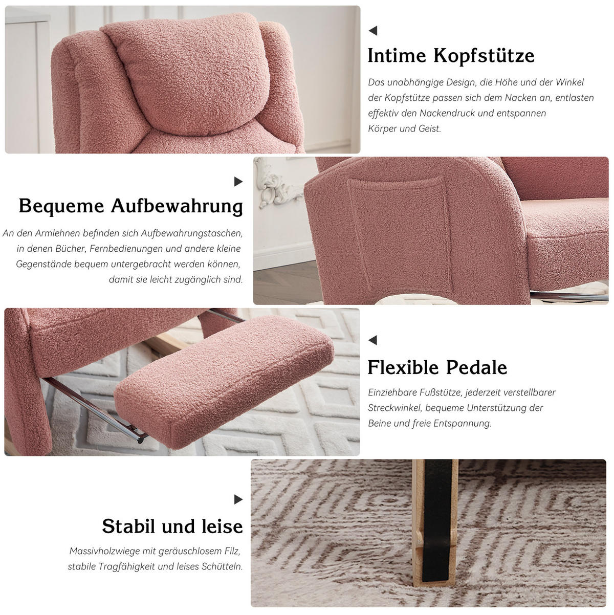 SCHAUKELSTUHL 66/125/101 cm in Rosa mit Teddybezug und klappbarem Fußhocker - Rosa, Textil (125/101/66cm) - Flora Grace