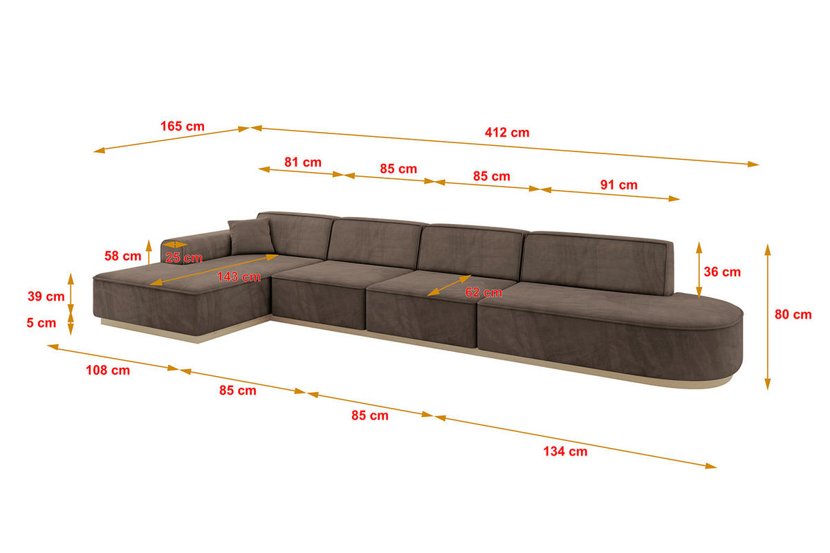 ECKSOFA Ottomane Links IREA-L3 - 412x165x80 cm Braun - Braun, Holzwerkstoff/Textil (412/165cm) - ALTDECOR