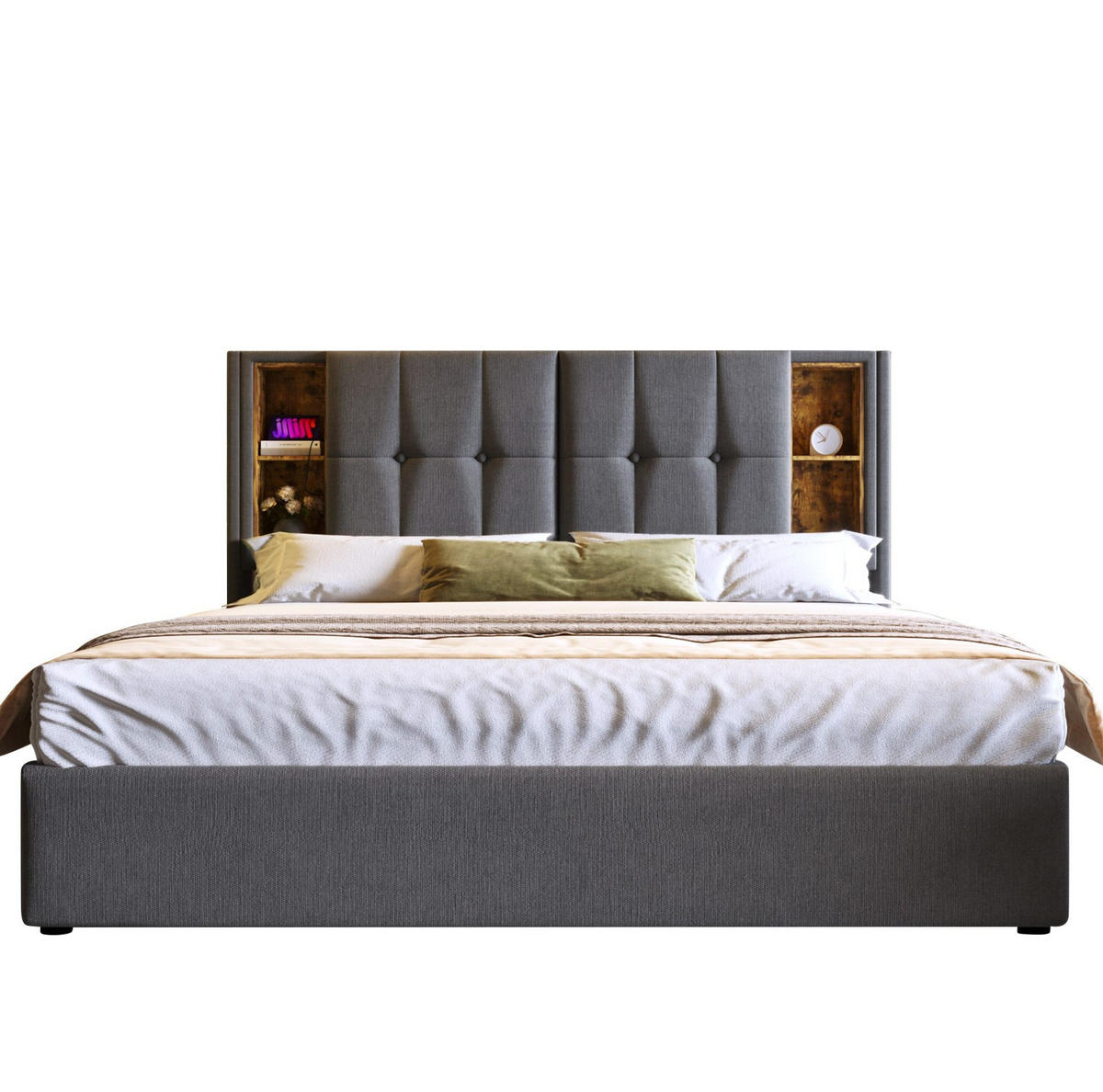 POLSTERBETT 180/200 cm Grau mit Kabellosem Laden und USB-Anschlüssen - Grau, Textil (180/200cm) - OKWISH