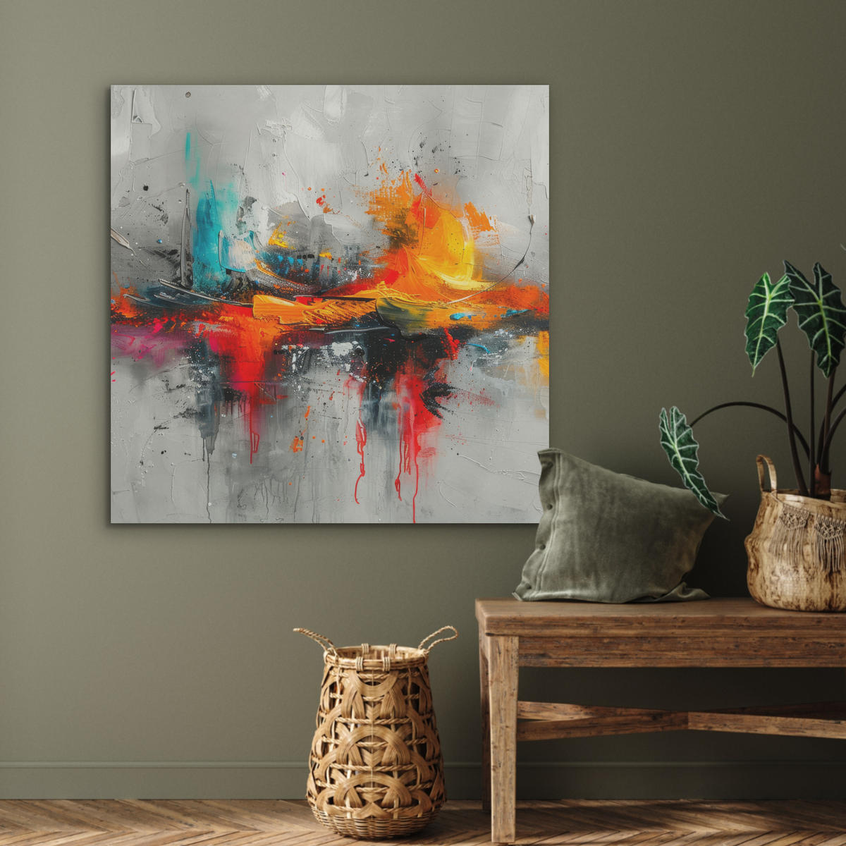AKUSTIKPANEEL Moderne Kunst - Orange - Grau - Abstrakt 90x90 cm - Hellgrau, Textil (90/0.9/90cm) - MuchoWow