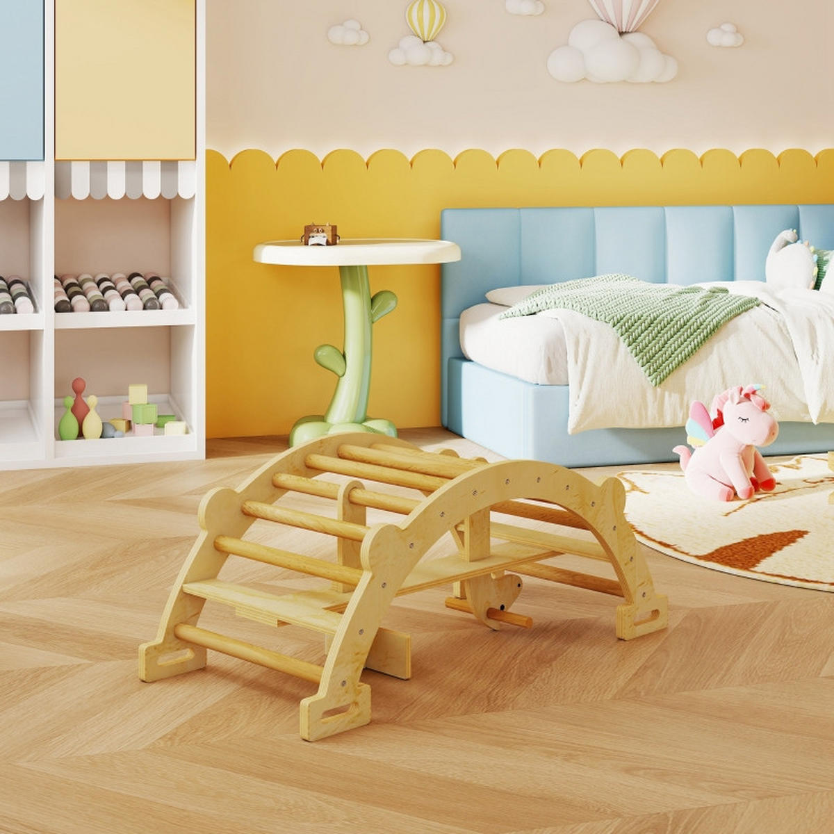 MONTESSORI Klettergerüst Indoor, mit 2 in 1 Kletterbogen aus Holz, 110x52x45 cm, Naturholz - Eschefarben, Holz (52/45/110cm) - Hauptrolle