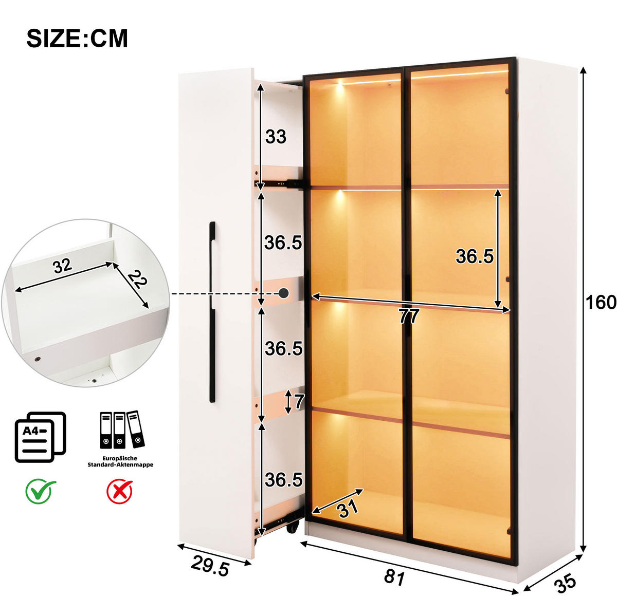 VITRINE 110,5/35/160 cm aus MDF mit LED-Vitrine und Seitenauszug Weiß - Weiß, Holzwerkstoff (110.5/160/35cm) - Modenvie