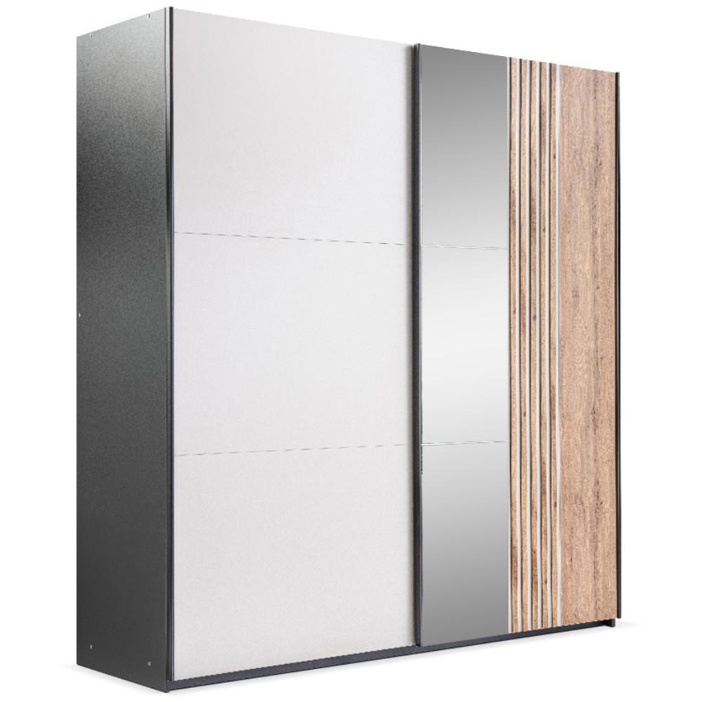 SCHWEBETÜRENSCHRANK Evia mit 2 Türen und Spiegel, 203 cm - Eiche Wotan/Schwarz, Holzwerkstoff (203/215/65cm) - Beautysofa