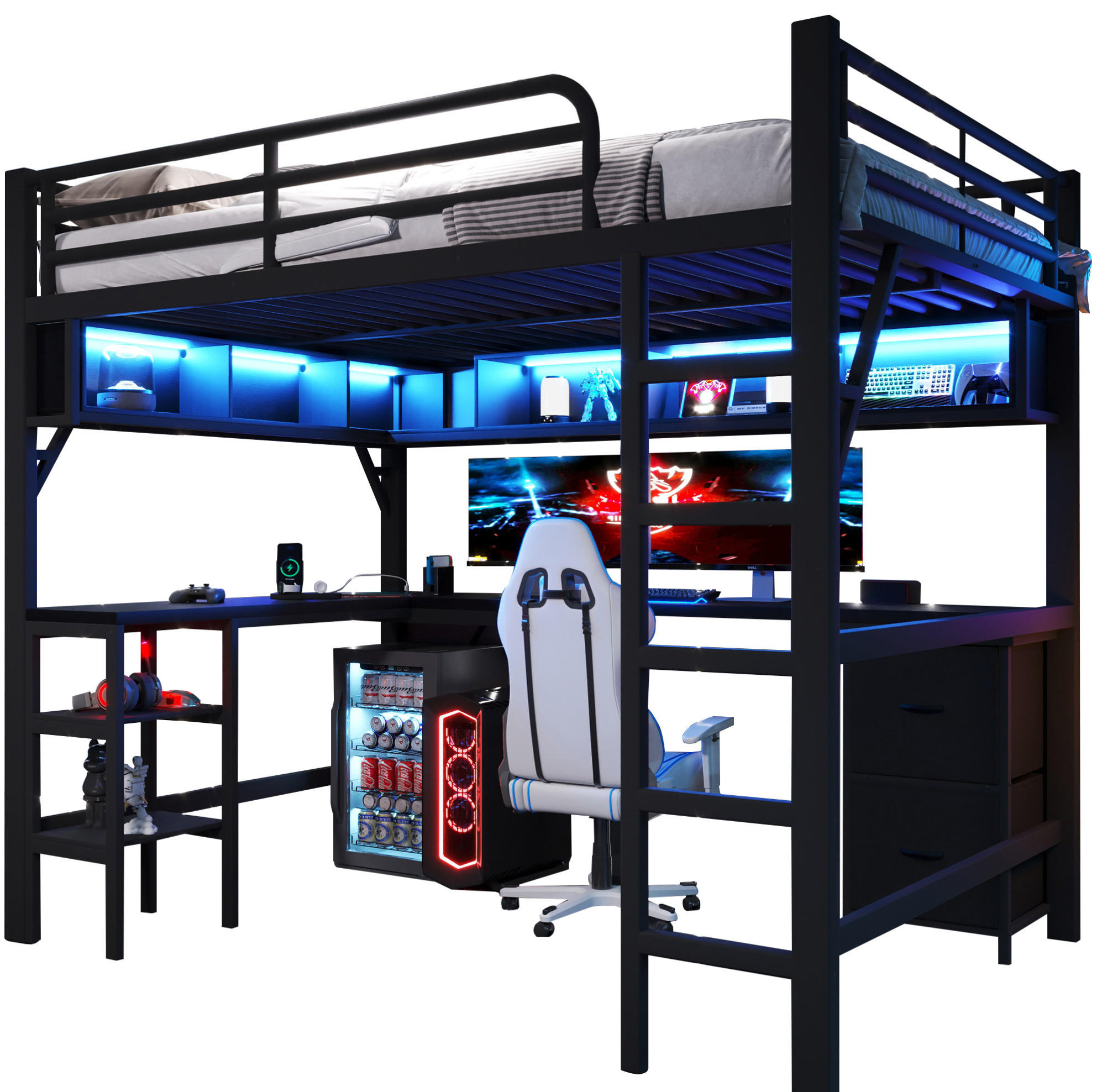 HOCHBETT 140/200 cm Schwarz mit Schreibtisch, Regal und Schubladen - Schwarz, Metall (140/200cm) - MIVRAY