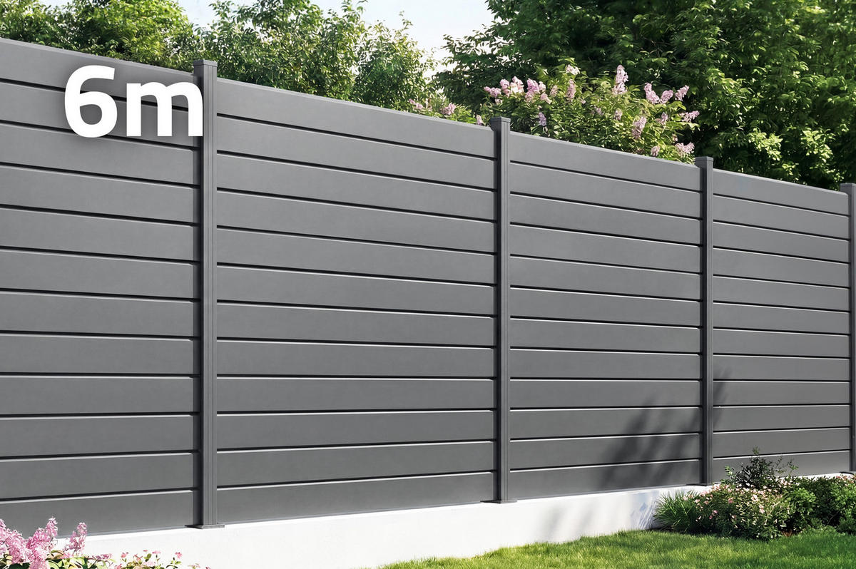 SICHTSCHUTZZAUN VANO aus Aluminium mit Lamellen 6 m x 180 cm, Grau - Grau, Metall (600/184cm) - Casanoov