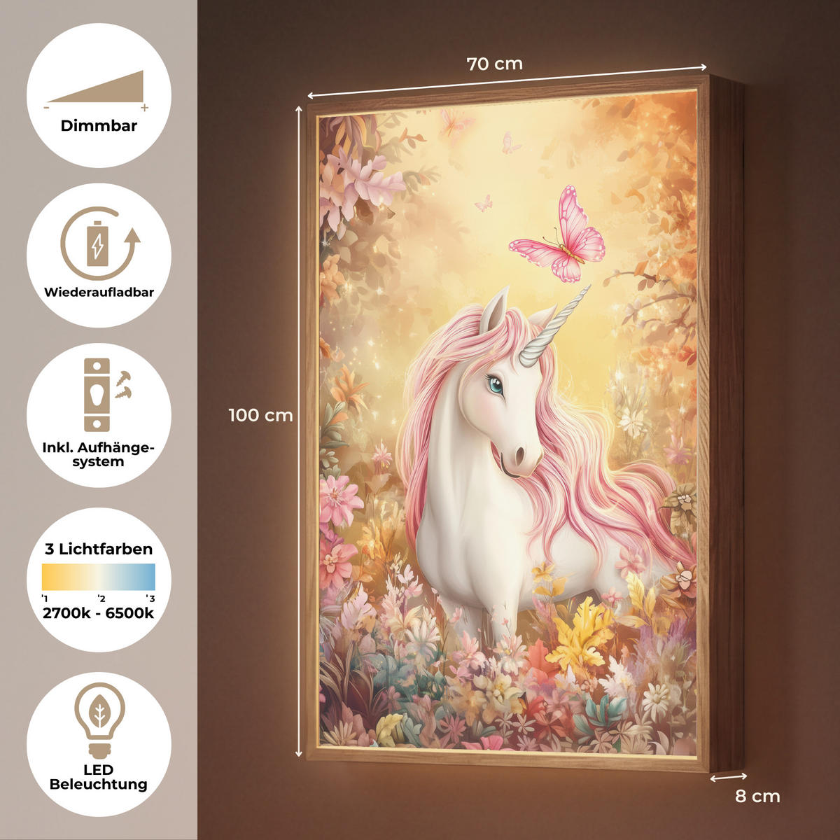 NÁSTĚNNÁ LAMPA S AKUMULÁTOREM Jednorožec - Květiny - Motýl - Růžová 70x100 cm - béžová, kompozitní dřevo (70/100/8cm) - OnlyWow