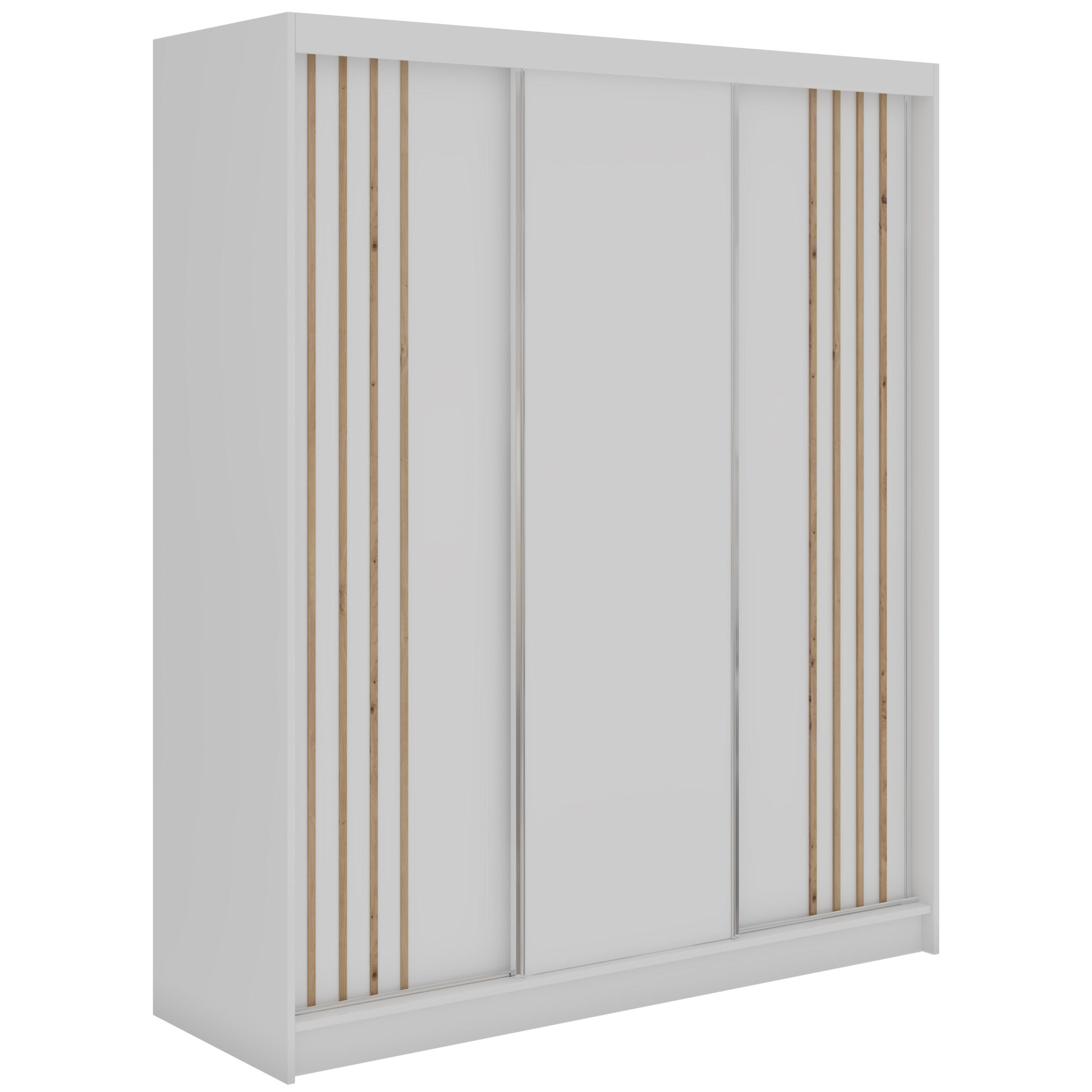 SCHWEBETÜRENSCHRANK mit Lamellen und Schubladen NAURU - 180 - Weiß und Eiche Artisan - Alufarben/Weiß, Holzwerkstoff/Metall (180/216/61cm) - MKS