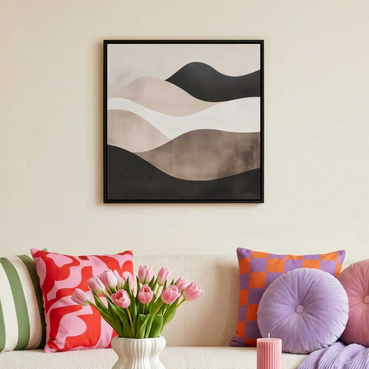 LEINWAND Bilder mit Rahmen - Abstrakt - Landschaft - Wellen - Cremefarben - 50x50 - Cappuccino, Textil (50/50cm) - MuchoWow