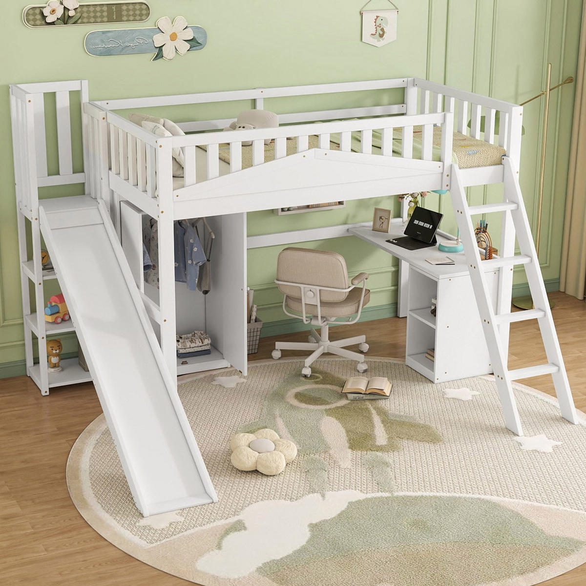 ETAGENBETT 90/200 cm Weiß mit Fallschutzgitter und Tisch aus Kiefer+MDF - Weiß, Holzwerkstoff (90/200cm) - OKWISH