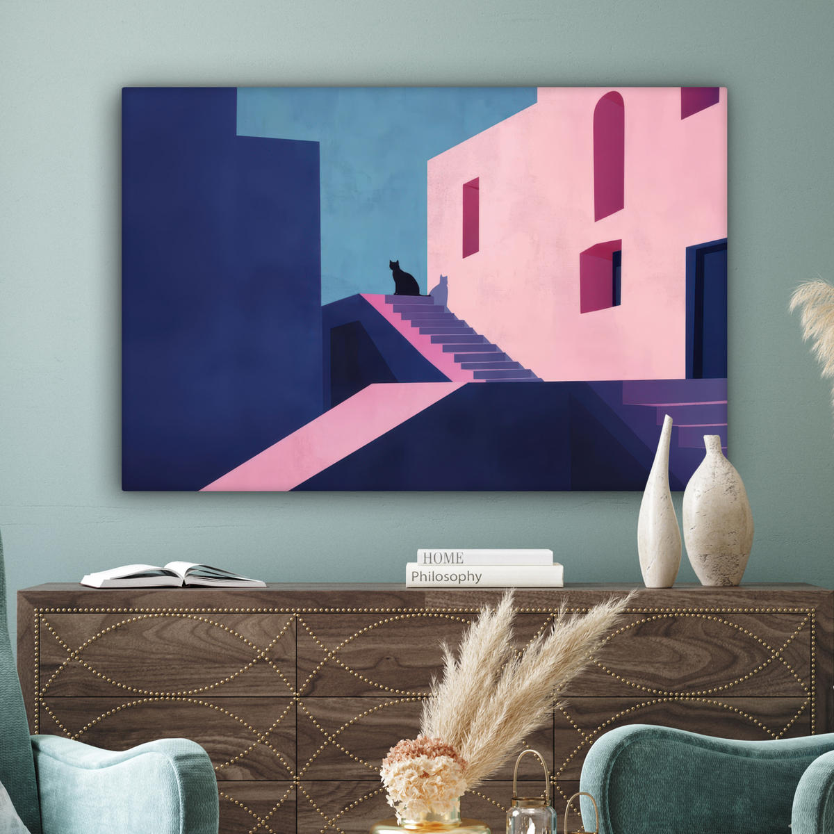 LEINWANDBILD Katze - Treppe - Gebäude - Schattenkontraste Wohnzimmer Groß 120x80 cm - Dunkelblau, Textil (120/80cm) - MuchoWow