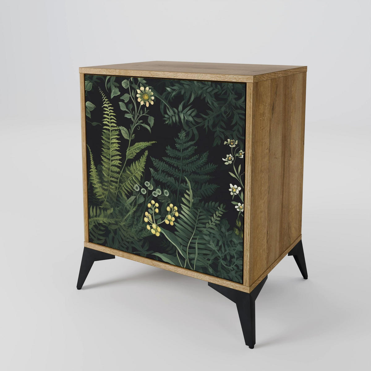 SIDEBOARD FERN FLOWERS, Eichefarben, 57,5x42x67,5 cm, Schwarze Metall-Rahmenfüße - Eichefarben/Multicolor, Holzwerkstoff/Metall (57.5/67.5/42cm) - SpaceRebels