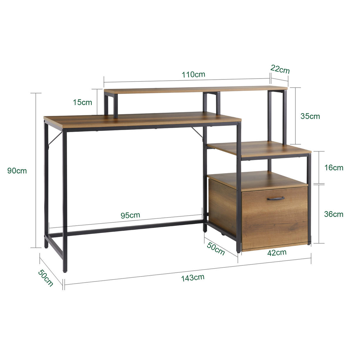 SCHREIBTISCH Vintagebraun-Schwarz - Schwarz/Naturfarben, Holzwerkstoff/Metall (50/143/90cm) - SoBuy